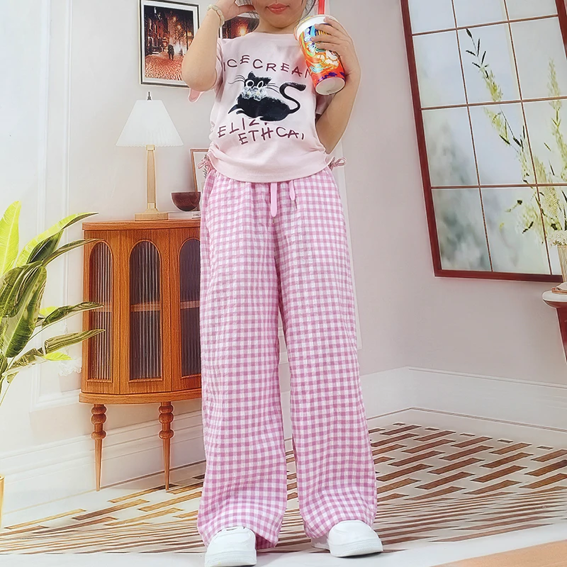女大童猫咪印花短袖T恤套装2025夏季新款女孩格子阔腿裤两件套潮