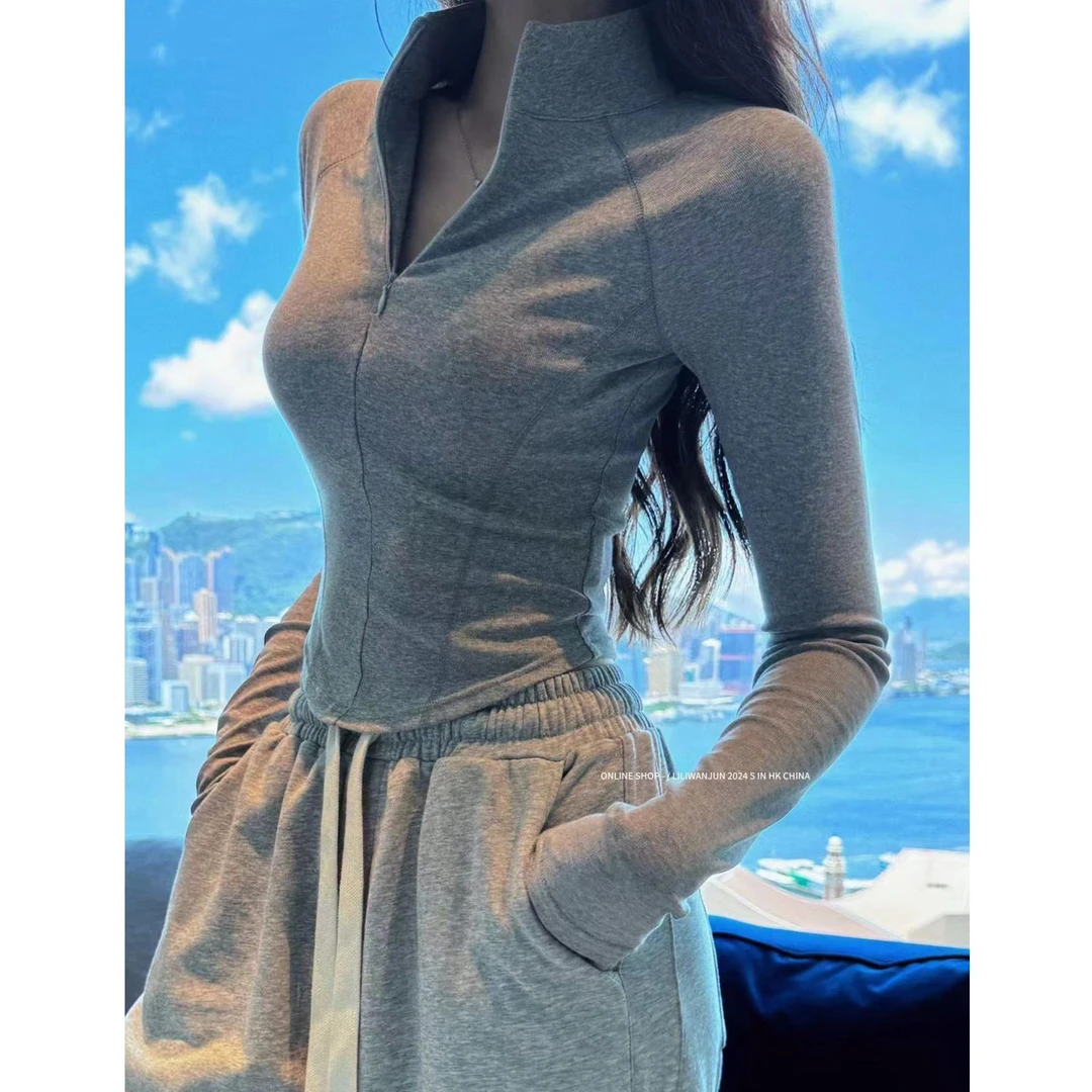 【婉君】秋款辣妹修身长袖插肩袖半高领拉链打底衫LWJ24C3T1501