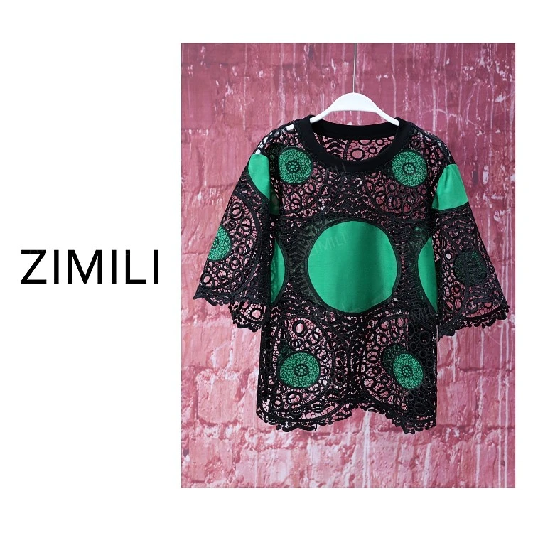 【亮哥女装】欧版暗夜黑勾花蕾丝贴布绣镂空时尚休闲短袖衫9705