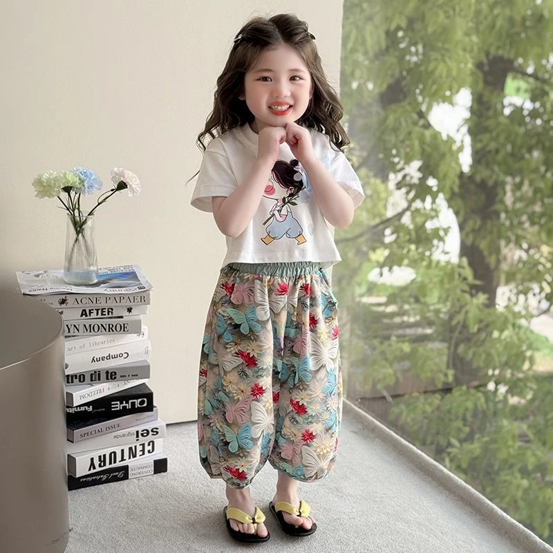 女孩短袖T恤蝴蝶防蚊裤套装夏季薄款少女风儿童甜美碎花两件套