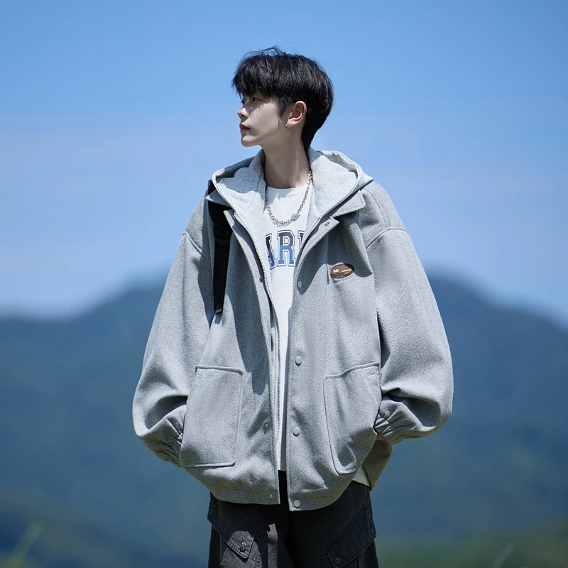 新款假两件棒球服男士外套春秋季设计感宽松连帽夹克潮流百搭衣服