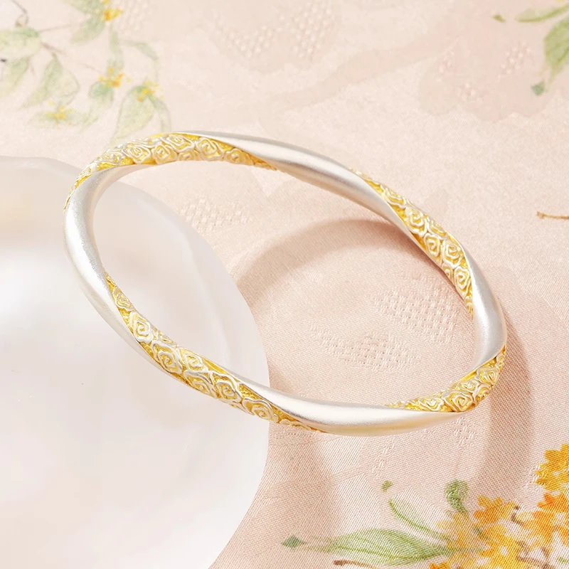 足银手镯 祥云描金纯银手镯新中式国风S999实心复古闭口古法手环