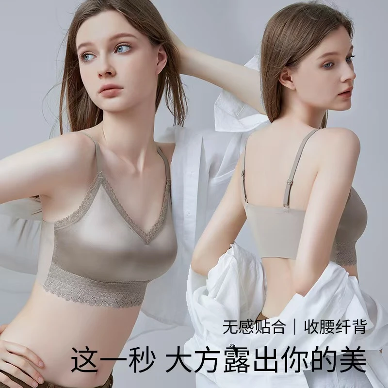 2025新品缎面法式千金立体花卉美背 蕾丝无钢圈聚拢光面内衣8055