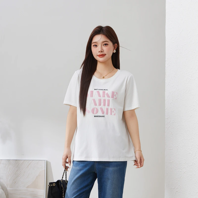 采多宝T恤女装复宽松简约字母绣花百搭上衣EXZ5063