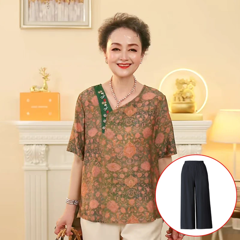 夏装新款奶奶薄衫两件套装洋气中老年女装妈妈装国风短袖+九分裤
