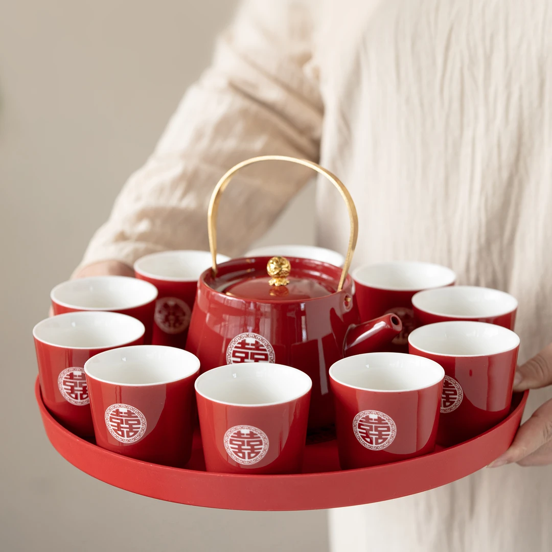 订婚喜庆婚庆新娘敬茶改口杯子提梁壶盖碗高档定制logo茶壶茶杯