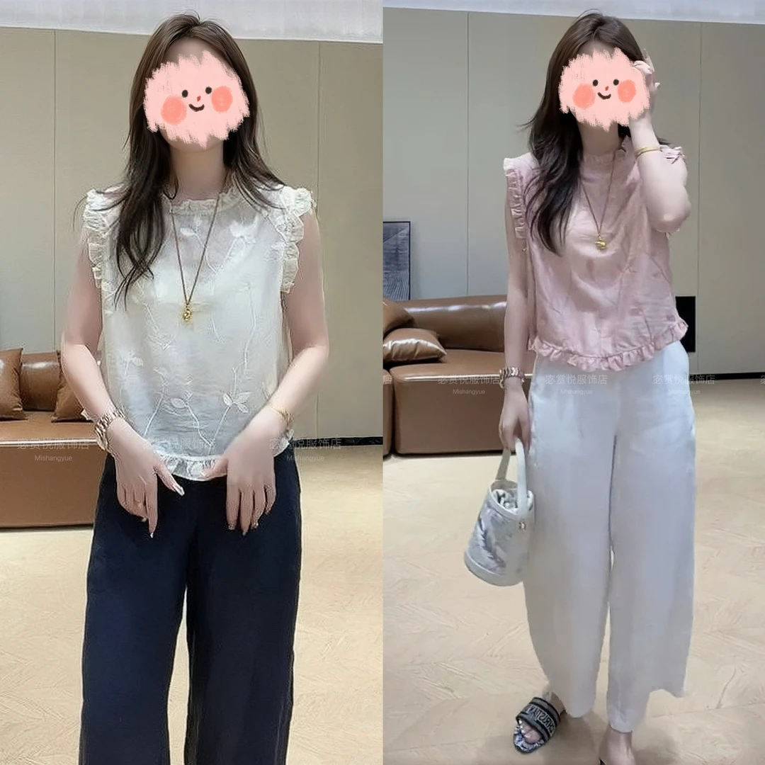 夏季新款气质立体钩花木耳边洋气小衫上衣设计感百搭阔腿裤套装女