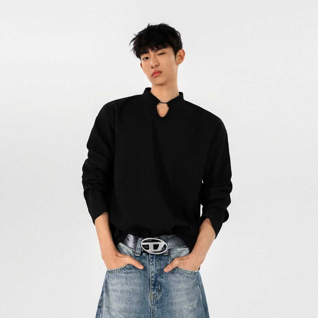 cleanfit亨利领卫衣男春秋长袖上衣宽松潮牌内搭打底衫休闲慵懒风