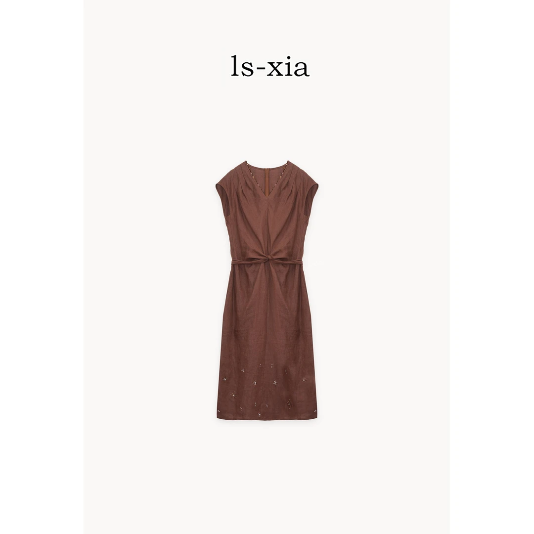 【暖屿】短版100%亚麻优雅气质纯色连衣裙宽松时尚