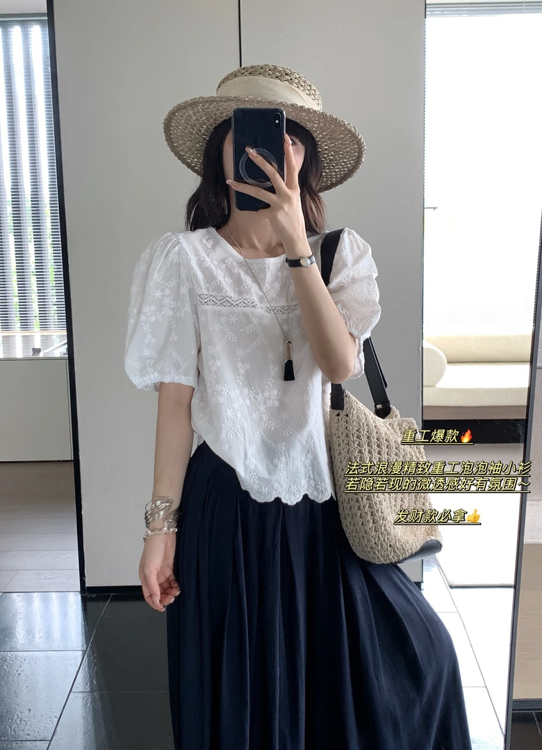 NONO福秒（9NO1555#)若隐若现 精致刺绣泡泡袖衬衫9-617