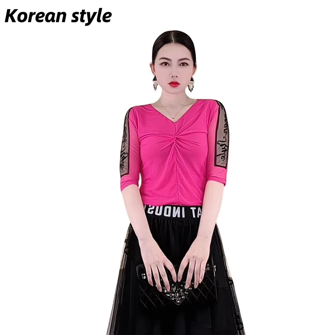 【Korean style】2803中袖V领舒适透气T恤洋气夏季百搭五分袖上衣