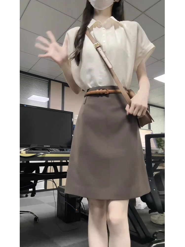 2025夏季新款韩版百搭显瘦翻领短袖衬衫休闲时尚高腰半身裙两件套