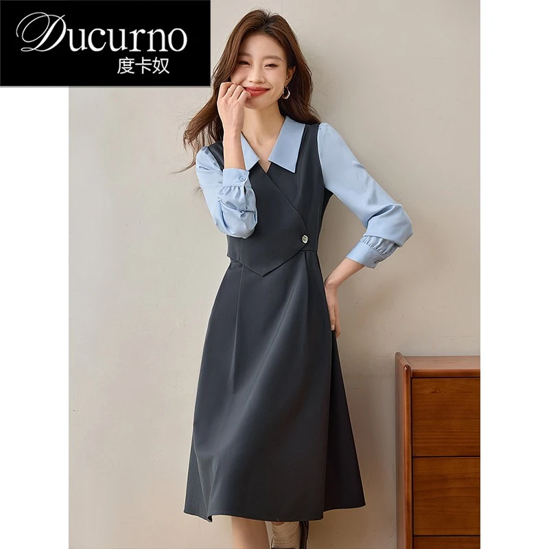 度卡奴2026秋季新款时尚面试假两件连衣裙女气质正式场合衬衫裙子