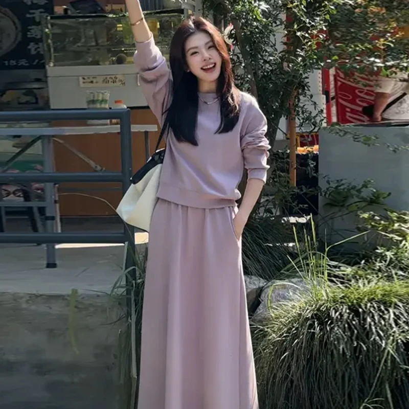 6445法式高级感紫色休闲运动卫衣套装2025春季新款半身长裙两件套