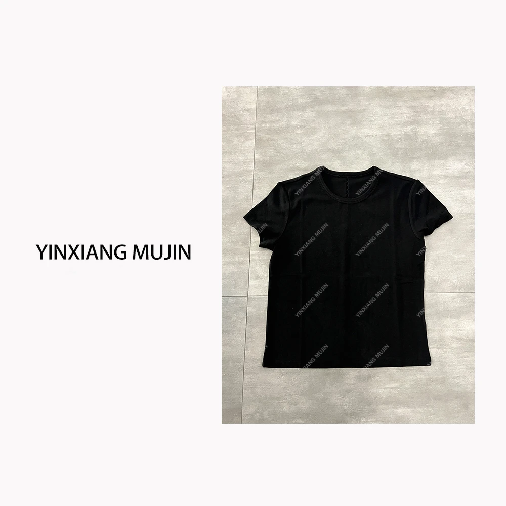 【YINXIANGMUJIN】绞针中杠T恤 短袖极简百搭上衣女士纯色宽松圆领