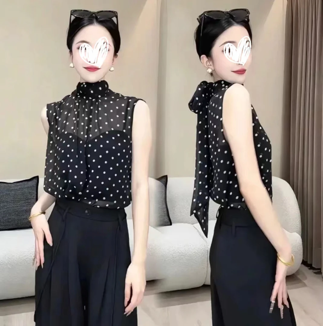 【前后两穿】V领法式立领无袖波点夏季衬衫小衫气质赫本风