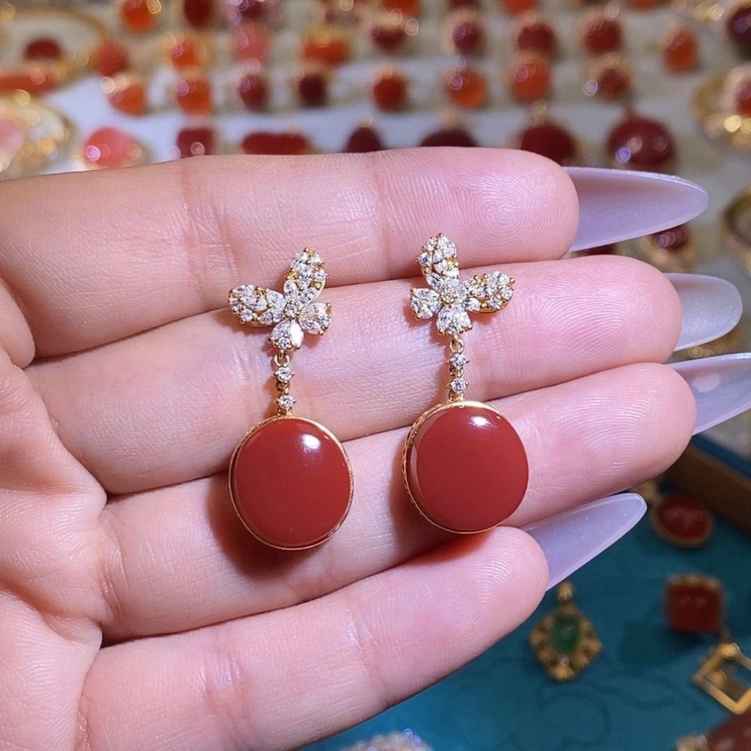 南红玛瑙18K金镶嵌耳饰