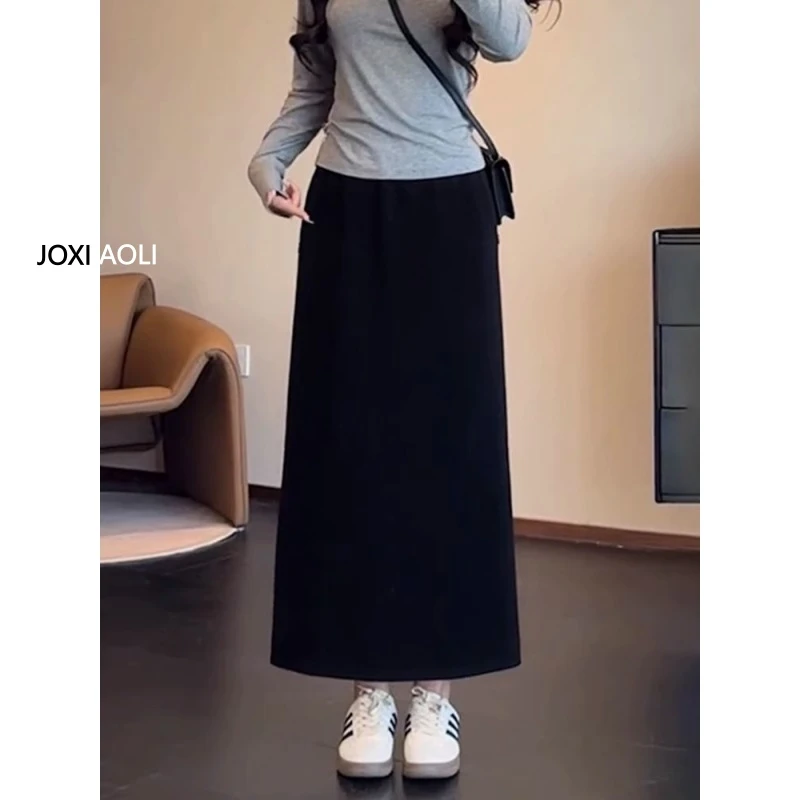 梨形身材胖妹妹毛呢半身裙女秋冬大码胖mm显瘦后松紧腰开叉a字裙