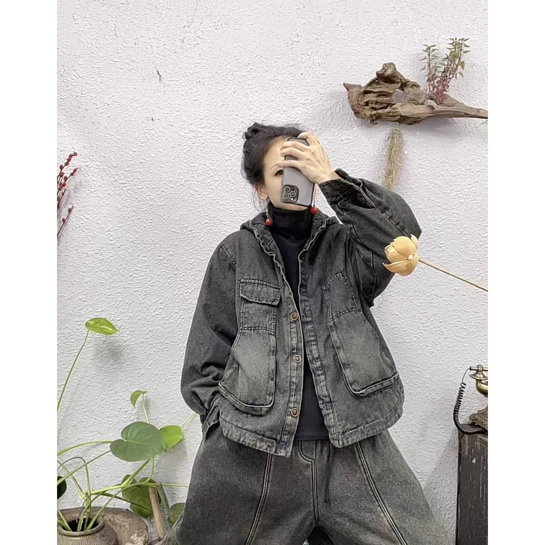 2050复古蓝夹棉帽衫半弧口袋牛仔棉袄外套（长60胸围126