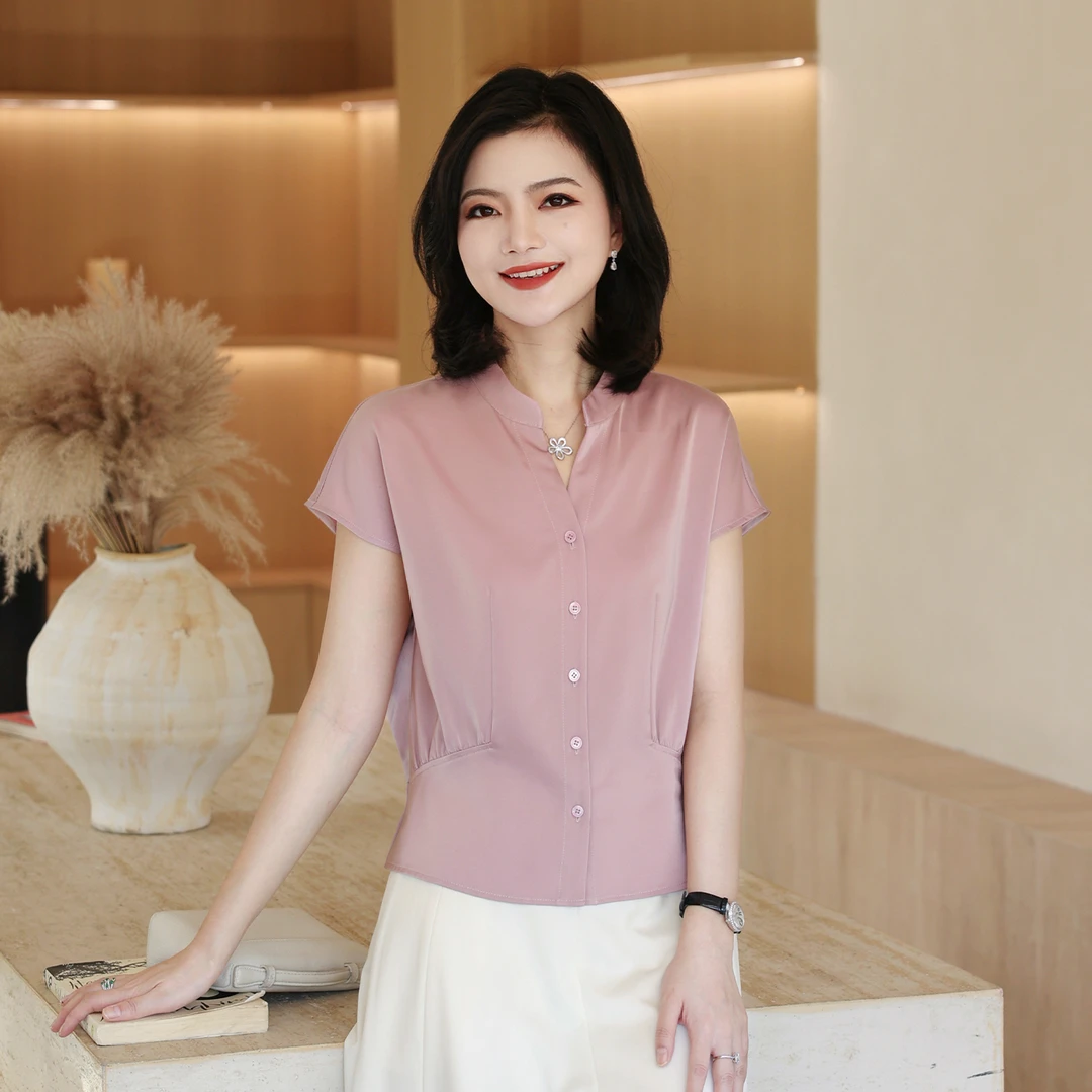 枫竺阿楠anan优雅通勤圆V领单排扣捏褶收腰衬衫女夏纯色气质上衣