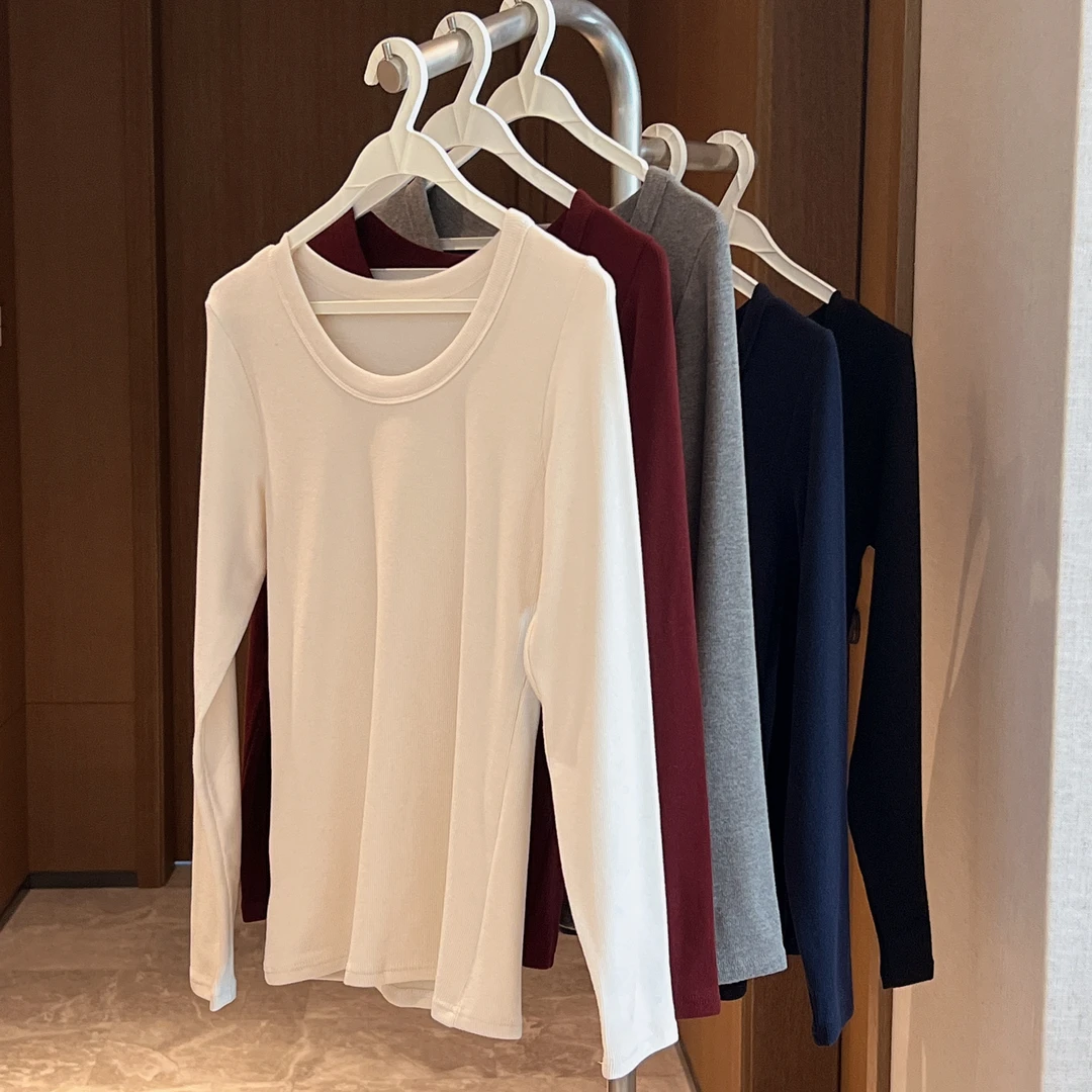 【不含胸垫】纯色U型领长袖螺纹显瘦打底衫圆领女士磨绒秋冬新款