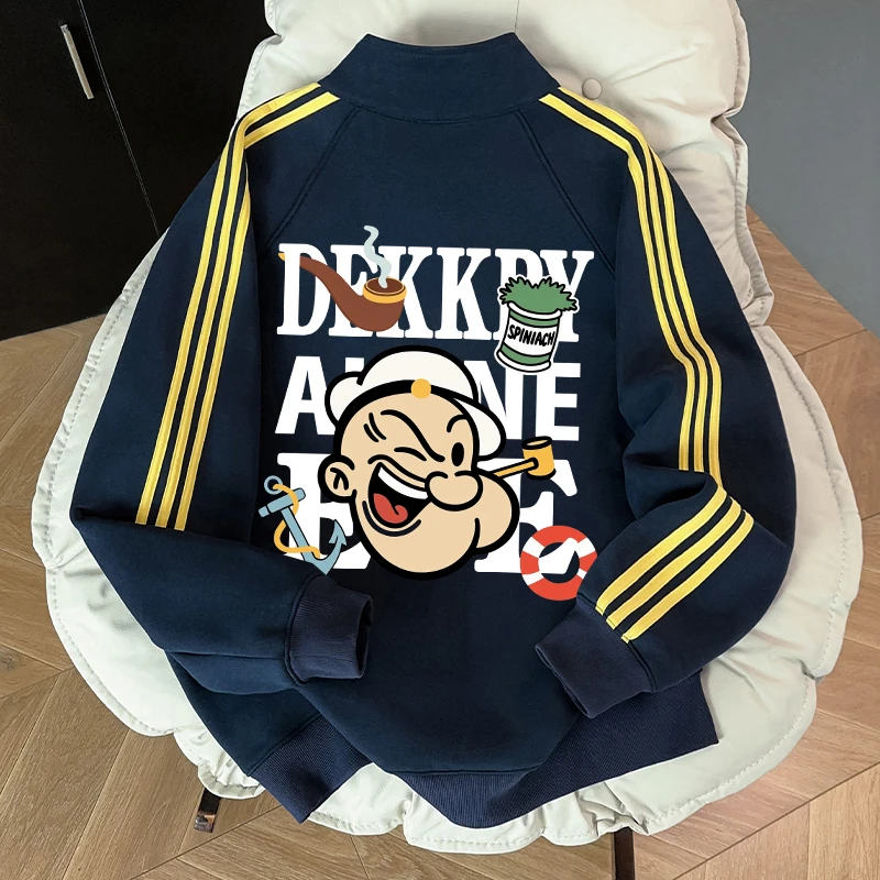 美式个性设计感卡通人菠菜印花外套男女款卫衣秋冬拉链立领开衫