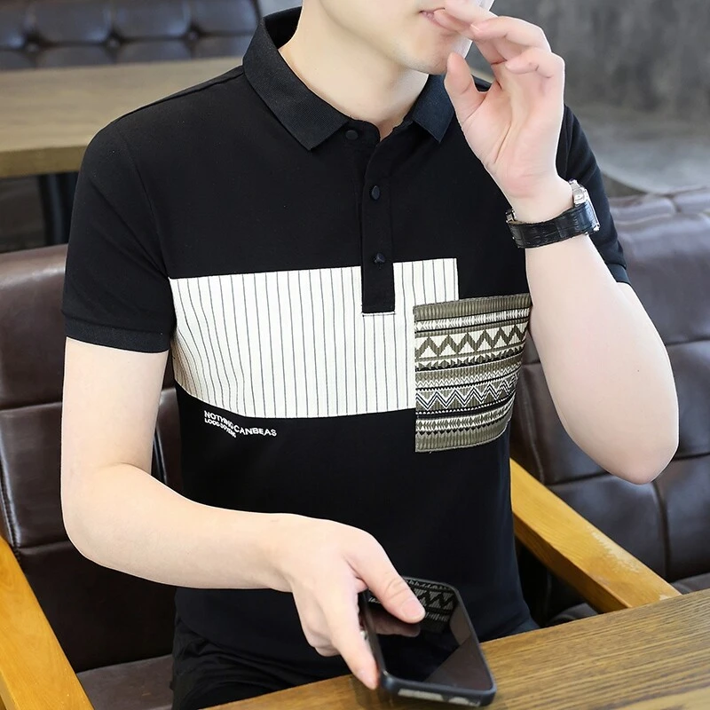 贴布拼接新款男短袖t恤夏季高端时尚休闲潮流商务翻领痞帅polo衫