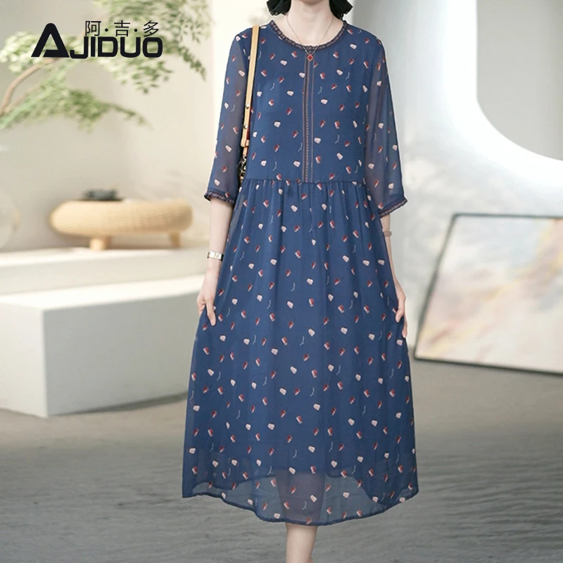 A22185阿吉多七分袖蓝色碎花连衣裙女初秋新款气质中老年妈妈裙子