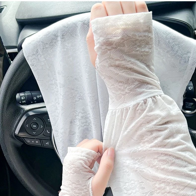 仙女风蕾丝冰丝防晒冰袖户外时尚薄款开车长冰袖夏季防紫外线长袖