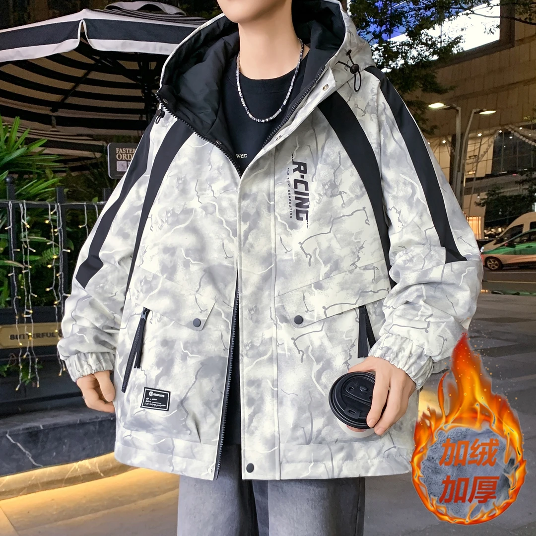 秋冬重磅新款青少年时尚印花韩版加绒加厚夹克防风保暖潮牌百搭