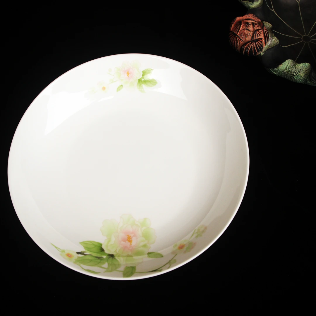 绿牡丹8寸饭盘 骨瓷盘子菜盘家用炒菜碟子8寸陶瓷饭盘圆形深盘