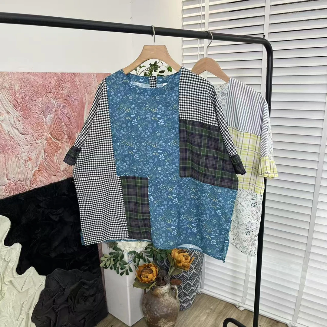 夏日百搭拼接「宽松薄款圆领透气」短袖衬衫女E5933