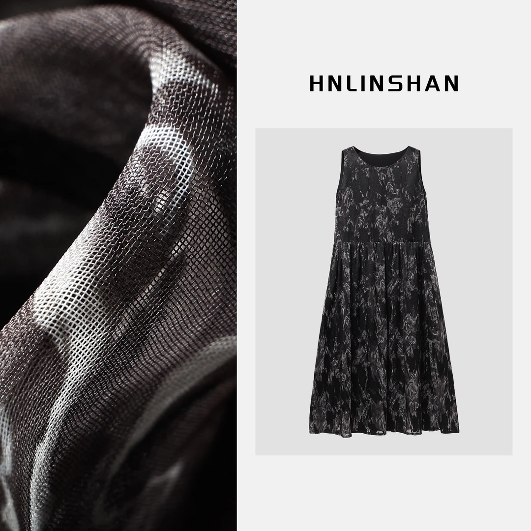 HNLINSHAN【青隐】人丝提花印花宽松连衣裙BXQ2024