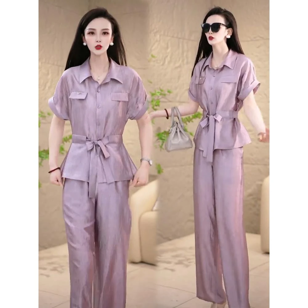 时尚套装女2025夏季新款时髦洋气收腰显瘦短袖上衣阔腿裤两件套潮