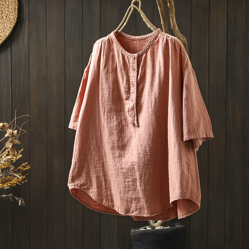 2025新款夏季文艺休闲套头半开领双层棉纱短袖衬衫女宽松大码上衣