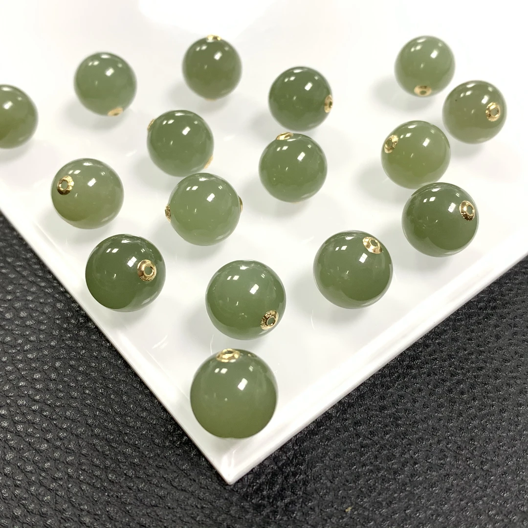 「戴琴珠宝」DQ727-和田玉湖水绿18K金单珠12mm左右（多样性发其一）