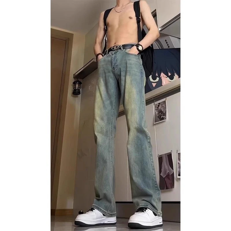 美式高街vibe裤子高腰藏青色牛仔裤男夏季水洗复古直筒弯刀微喇裤