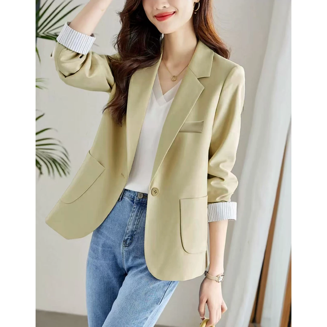 女士条纹拼接袖口西装外套春夏新款显瘦百搭气质时尚2672