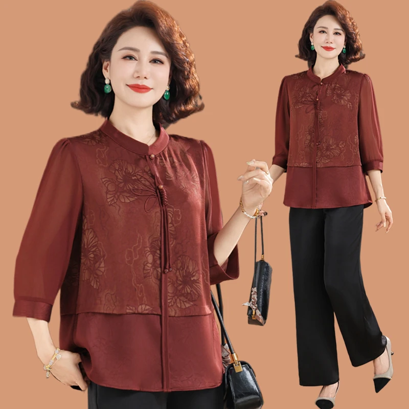 新中式妈妈夏装七分袖雪纺衫套装中老年女装春夏假两件上衣两件套