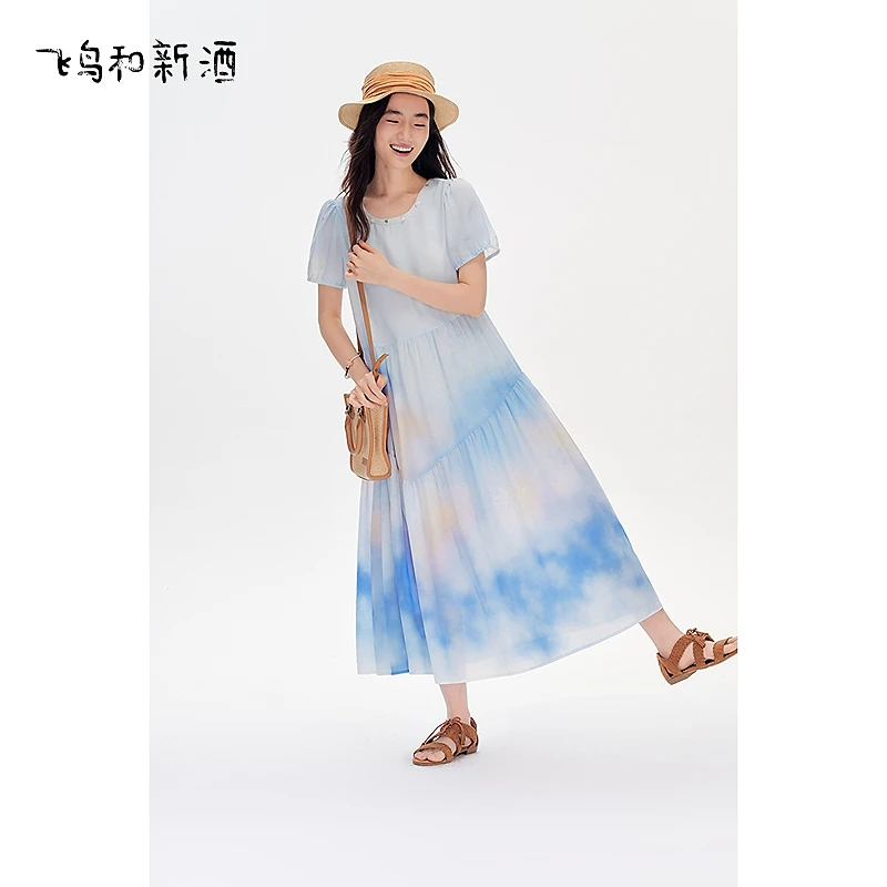 飞鸟和新酒晕染圆领短袖连衣裙女夏季海边度假风印花裙FD53182067