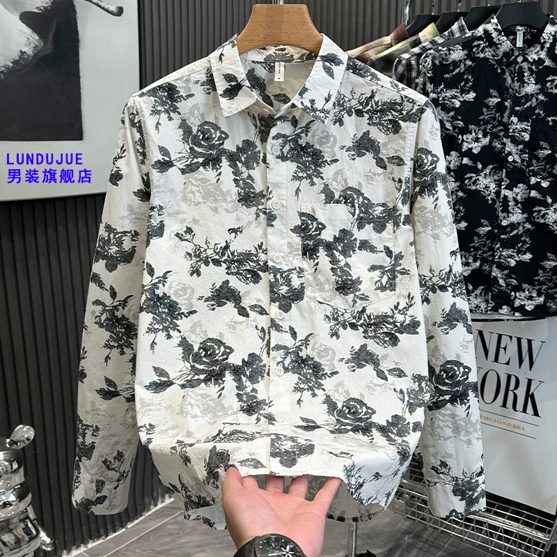 个性印花长袖衬衫男装春秋季新款文艺时尚痞帅气潮流百搭纯棉衬衣