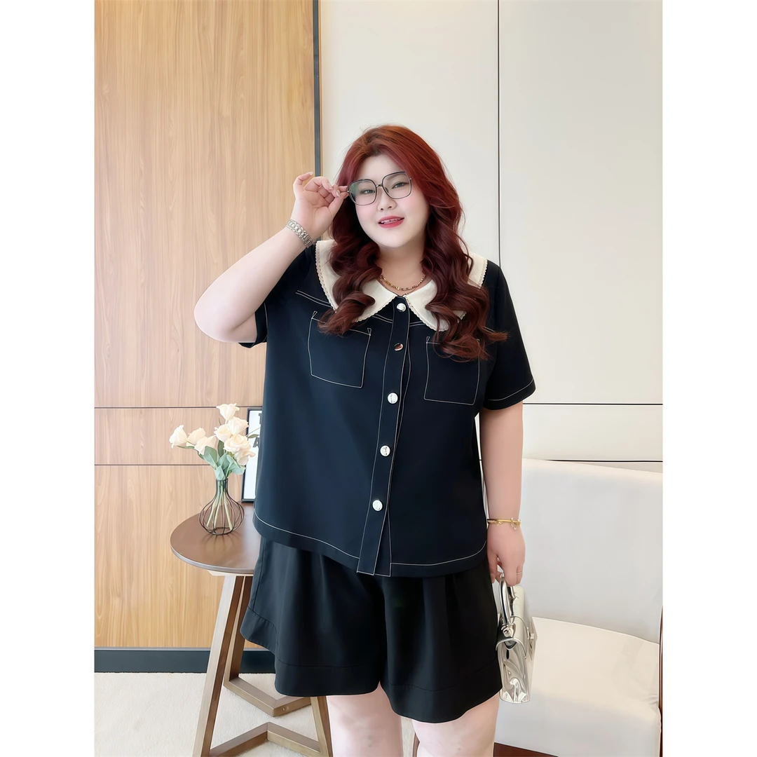 断码捡漏~香柠浮岛 / 韩风撞色娃娃领拼接衬衫15012花契大码胖mm