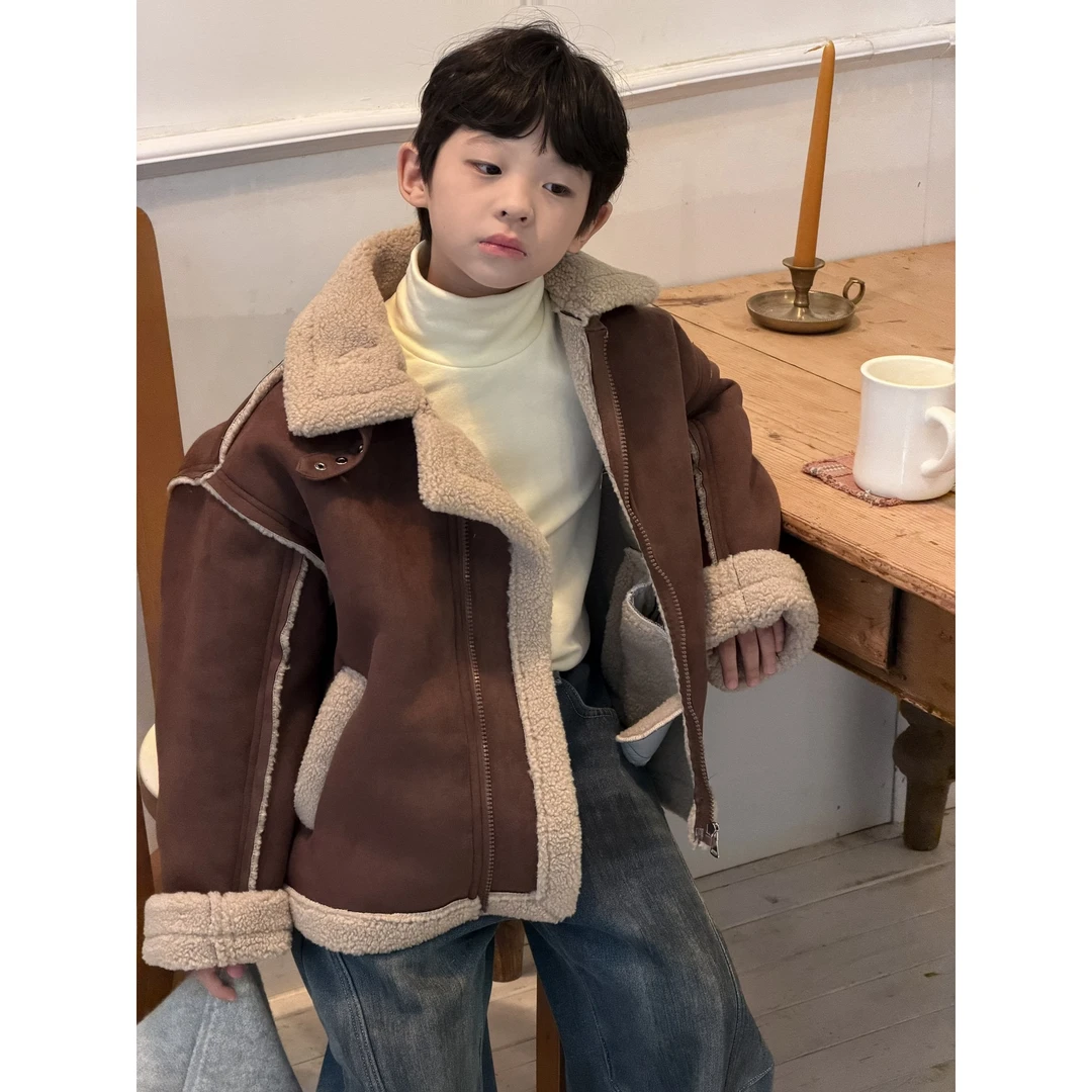 【Tang小白】25秋冬新品韩国童装男童棕色麂皮皮毛一体机车服外套