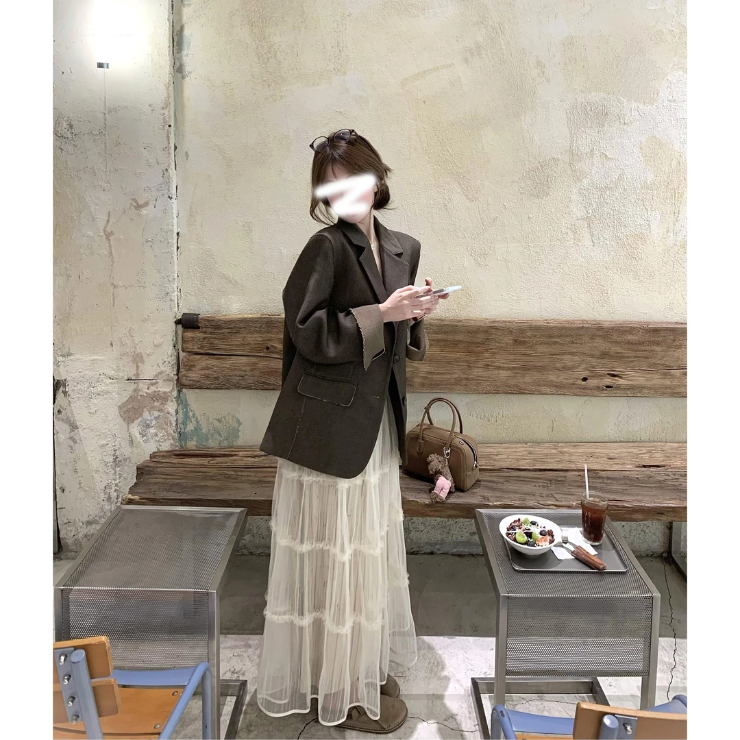 秋冬新款气质咖色西装外套杏色半身裙两件套慵懒风套装女05965