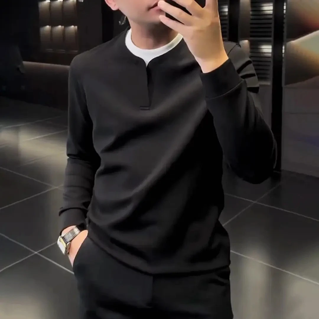 秋冬男士休闲卫衣2025高档商务撞色拼接长袖假两件时尚净版打底衫