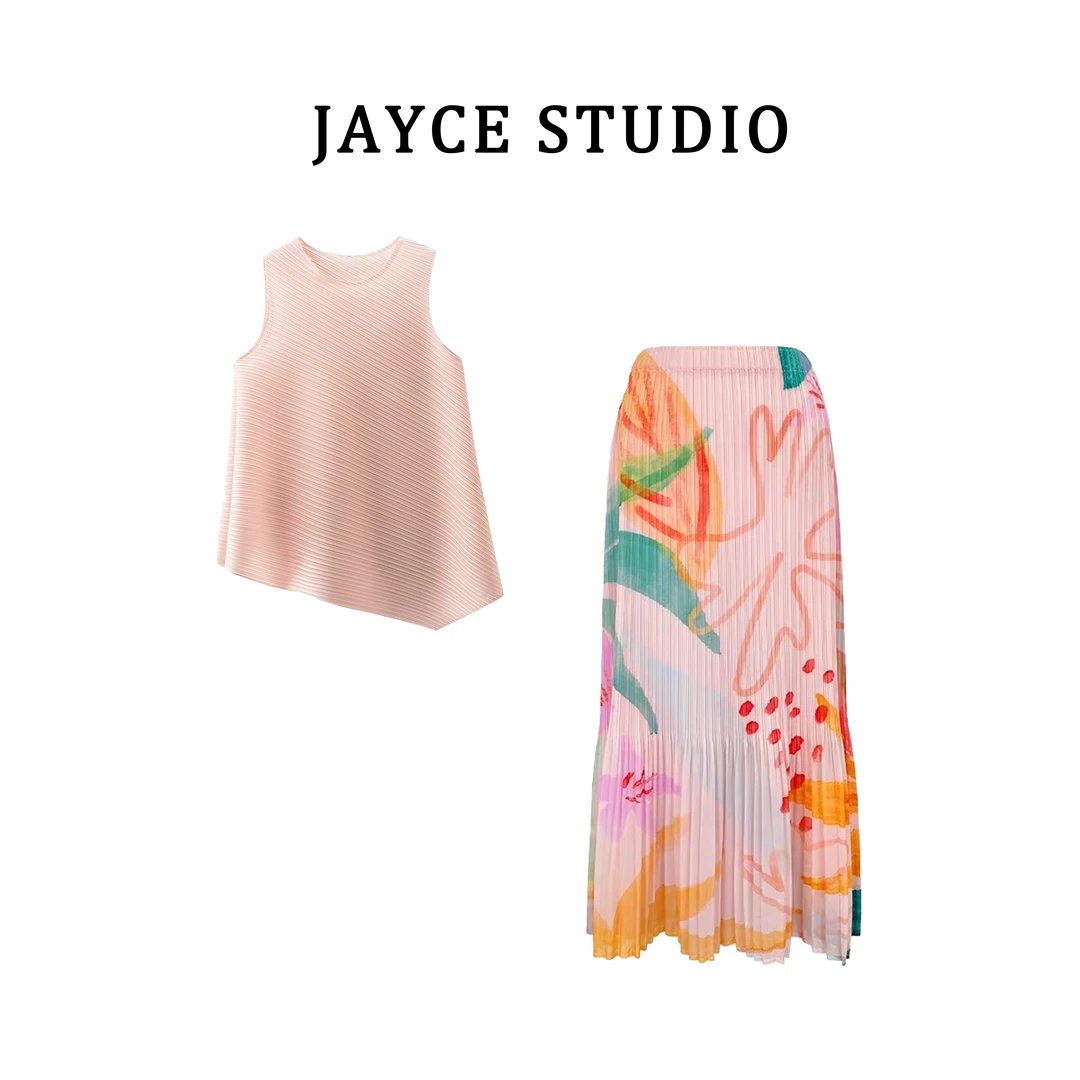 JAYCE 法式温柔气质粉色油画印花褶皱套装 JC58831
