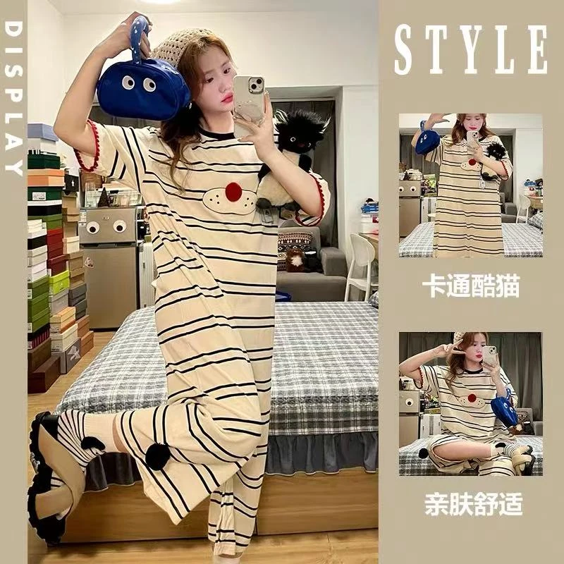 可爱卡通酷猫条纹睡裙夏季女款连体短袖睡衣宽松大码家居服可外穿