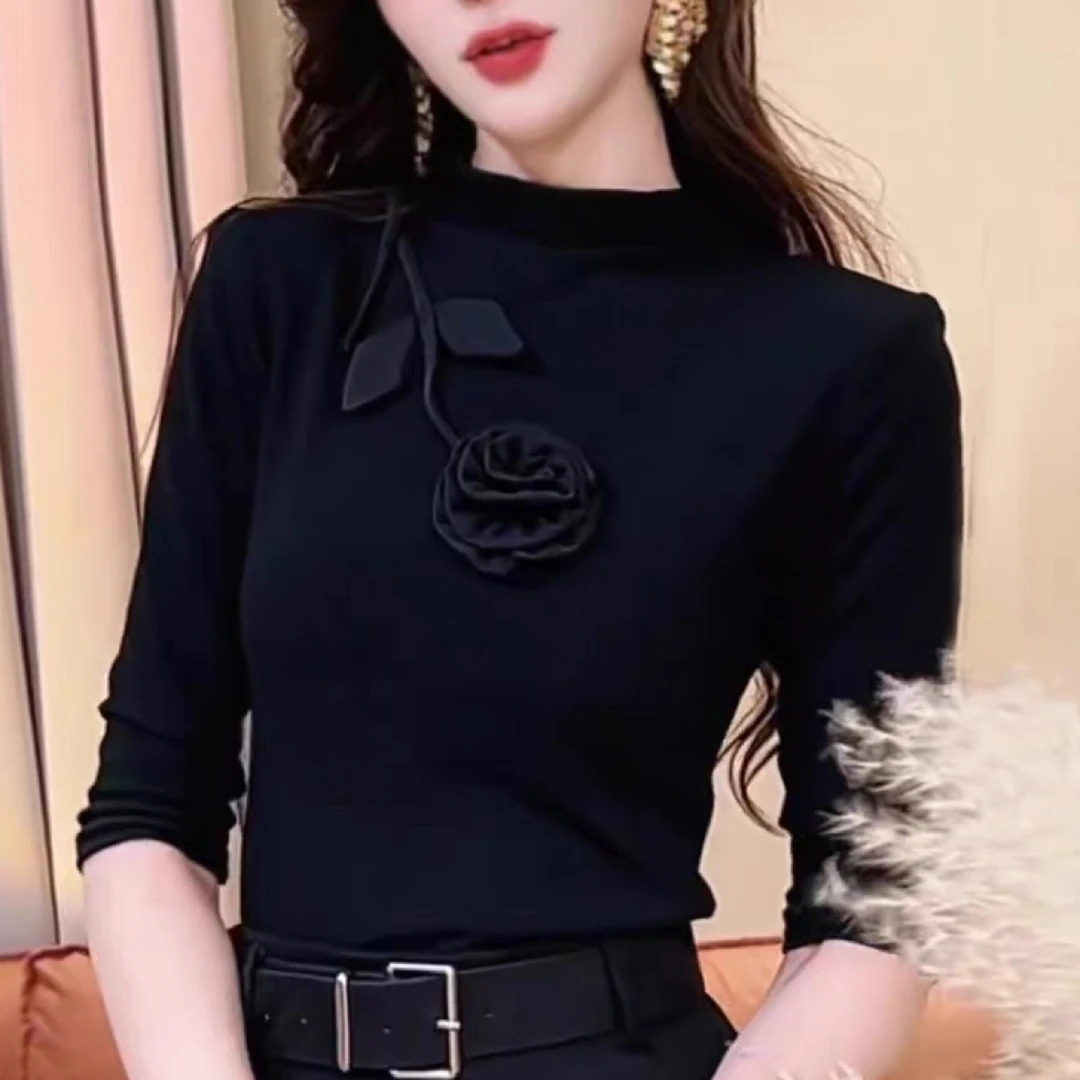 轻奢修身显瘦立体花朵刺绣半高领T恤女上衣中袖半高圆领气质小衫