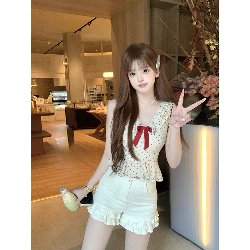 法式复古红波点蝴蝶结无袖上衣水洗牛仔短裤套装女夏新款两件套潮