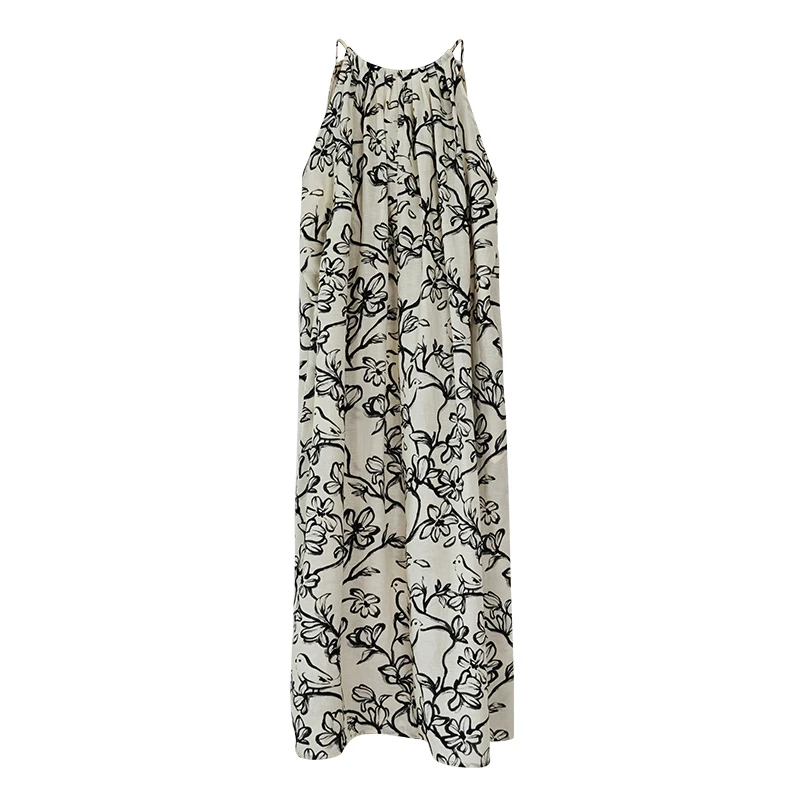 48.8%亚麻亚麻印花挂脖式慵懒感吊带连衣裙（240617）20901